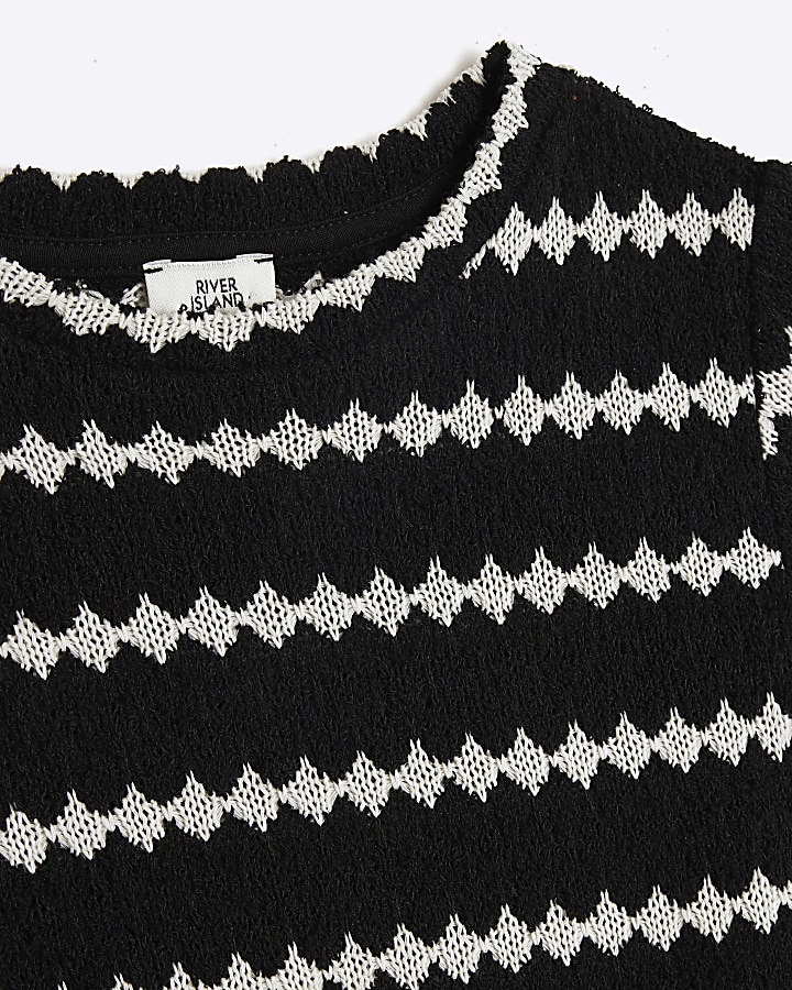 Girls black crochet stripe t-shirt set