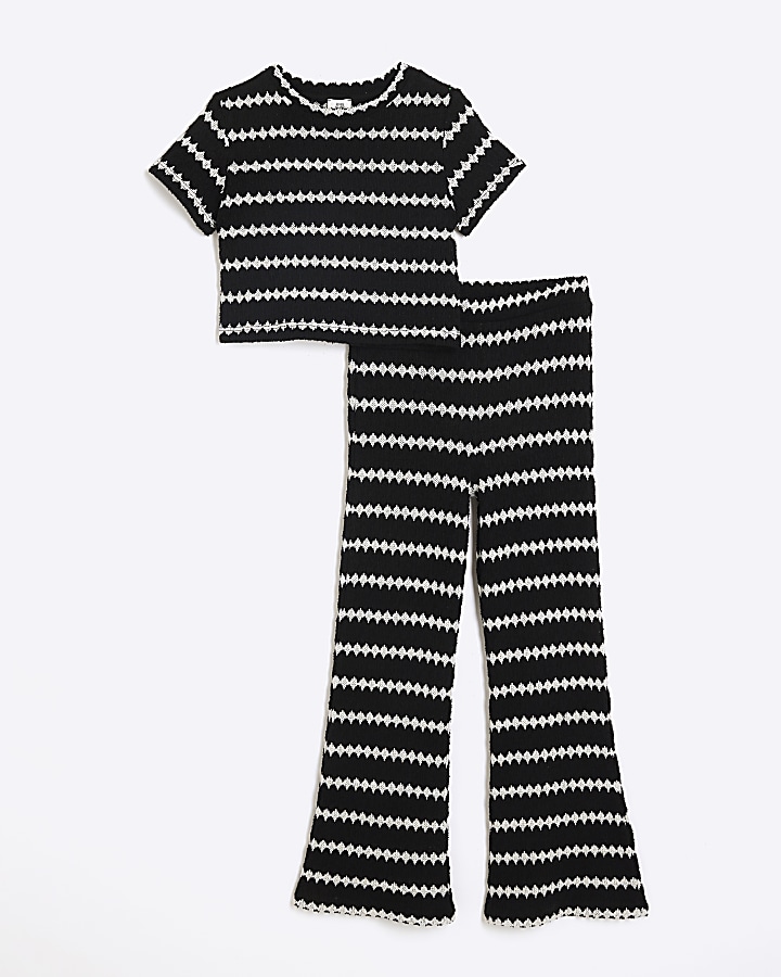 Girls black crochet stripe t-shirt set