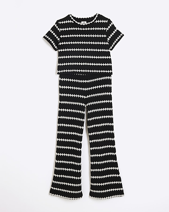 Girls black crochet stripe t-shirt set