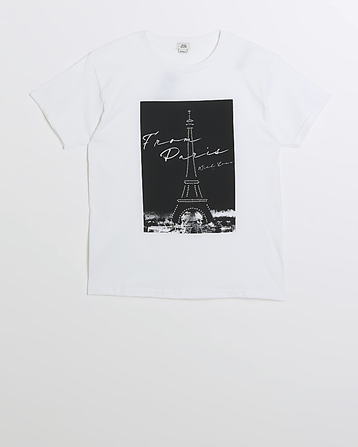GIrls White Eiffel Tower Embellished T-shirt