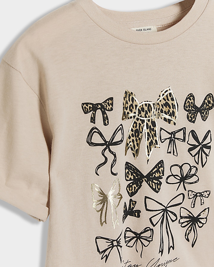 Mini Girls Beige Leopard Bow T-Shirt