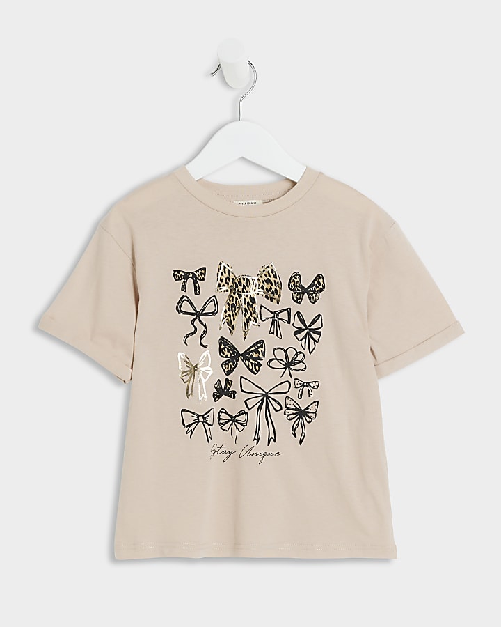 Mini Girls Beige Leopard Bow T-Shirt
