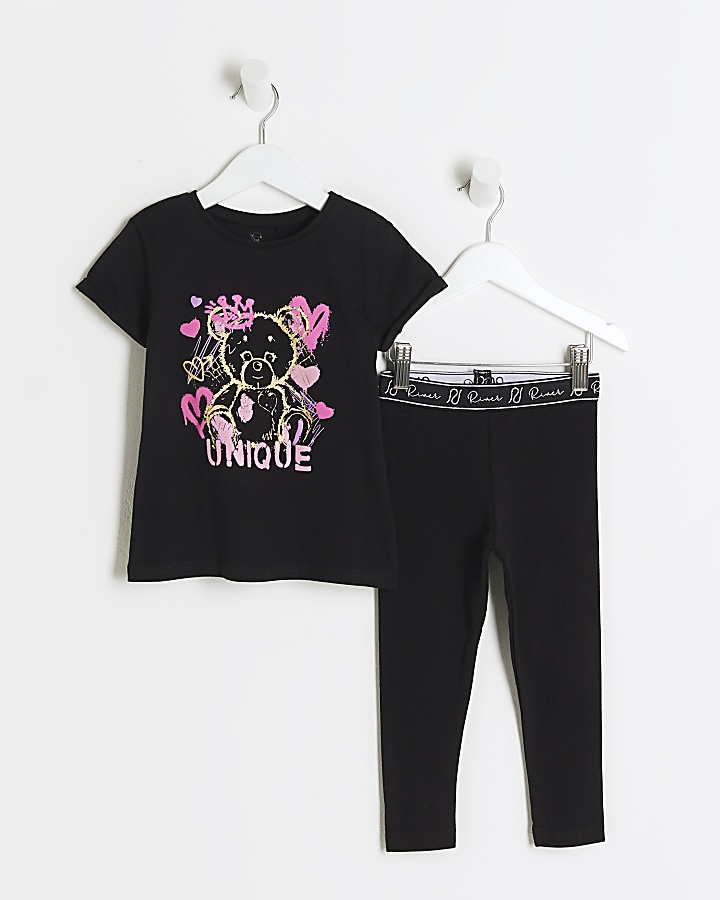 Mini girls black bear graphic t-shirt set