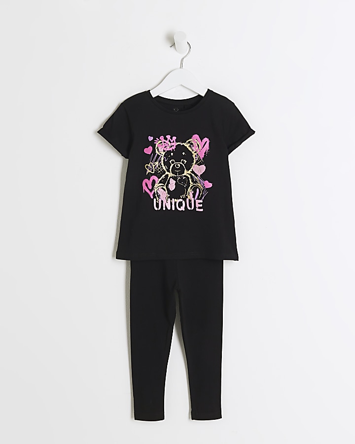 Mini girls black bear graphic t-shirt set