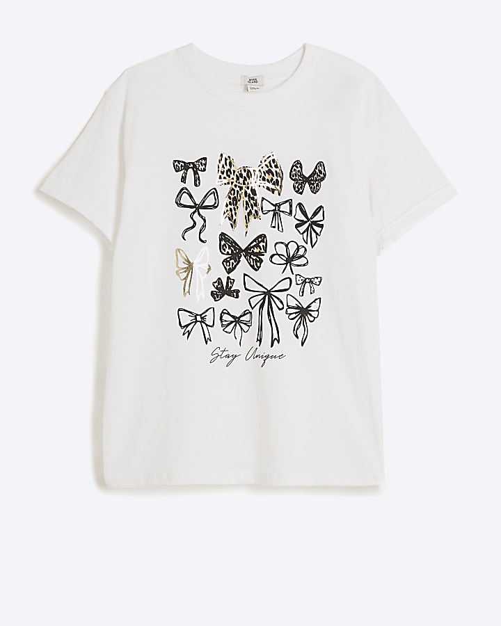 Girls white leopard bow graphic t-shirt