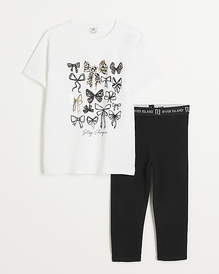 Girls white bow t-shirt and crop leggings set