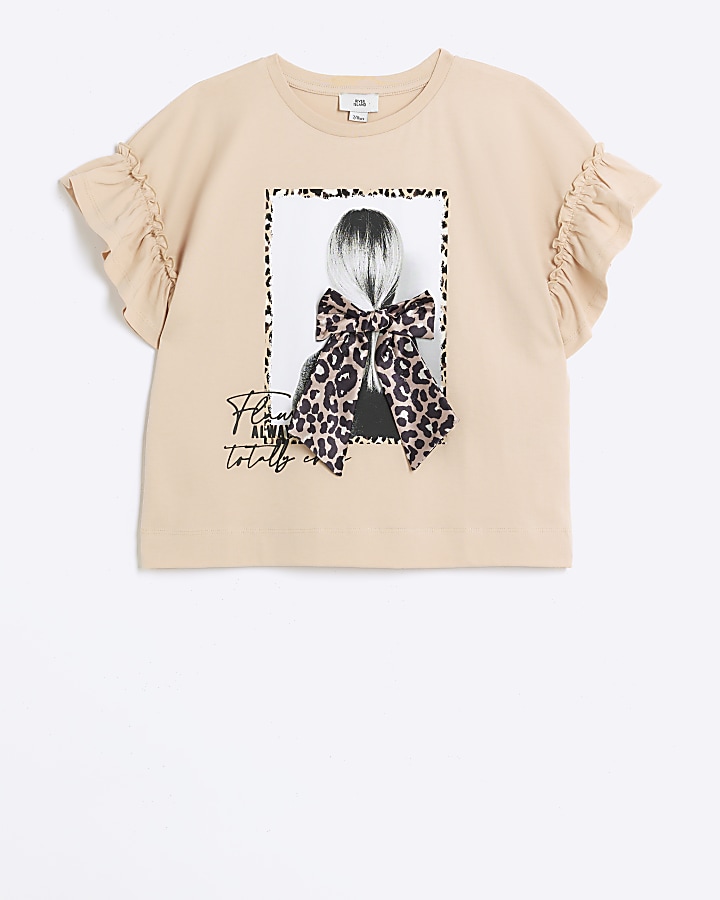 Girls beige bow graphic print t-shirt