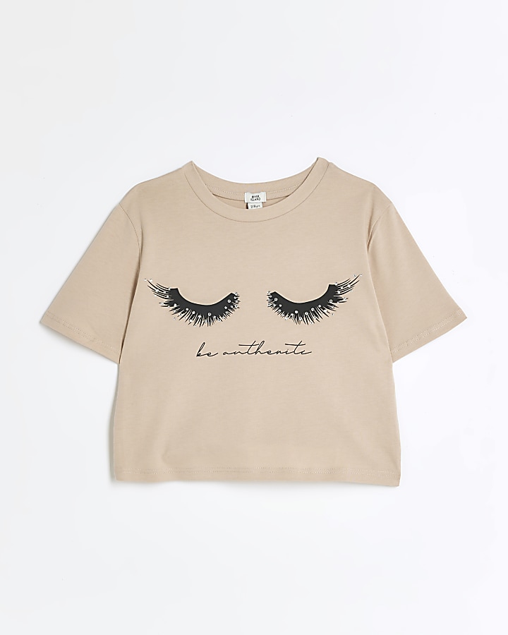 Girls beige embellished eyelash t-shirt