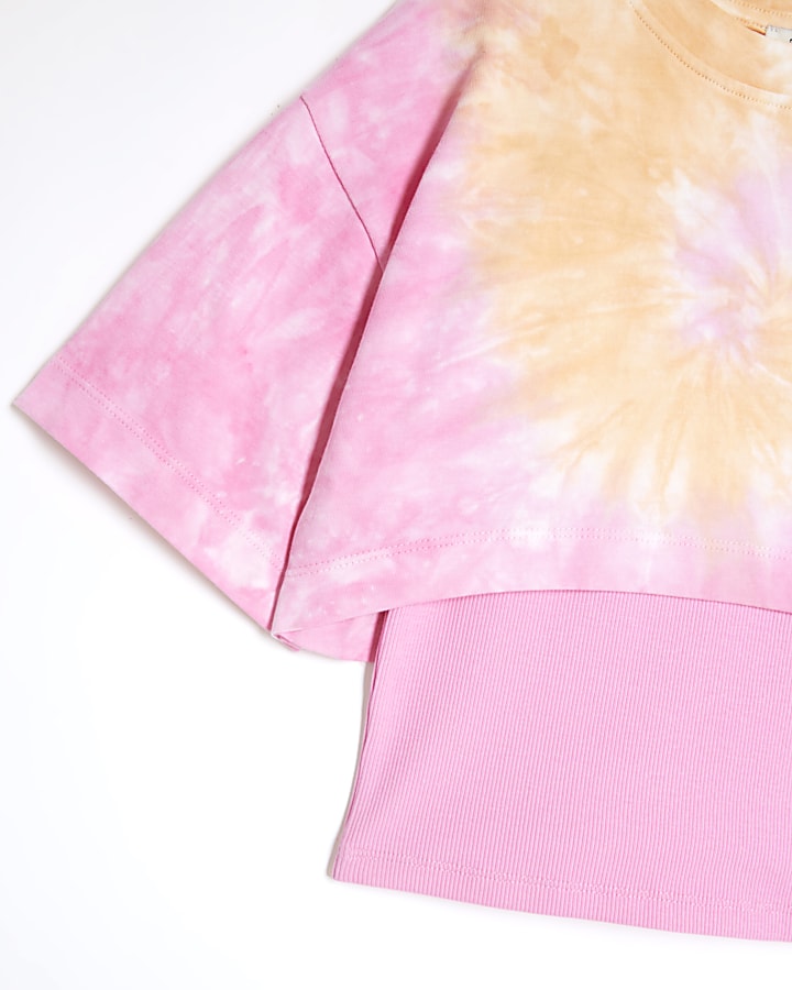 Girls Pink Tie Dye T-shirt and vest 2 in 1