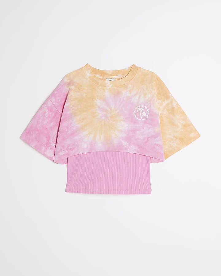 Girls Pink Tie Dye T-shirt and vest 2 in 1