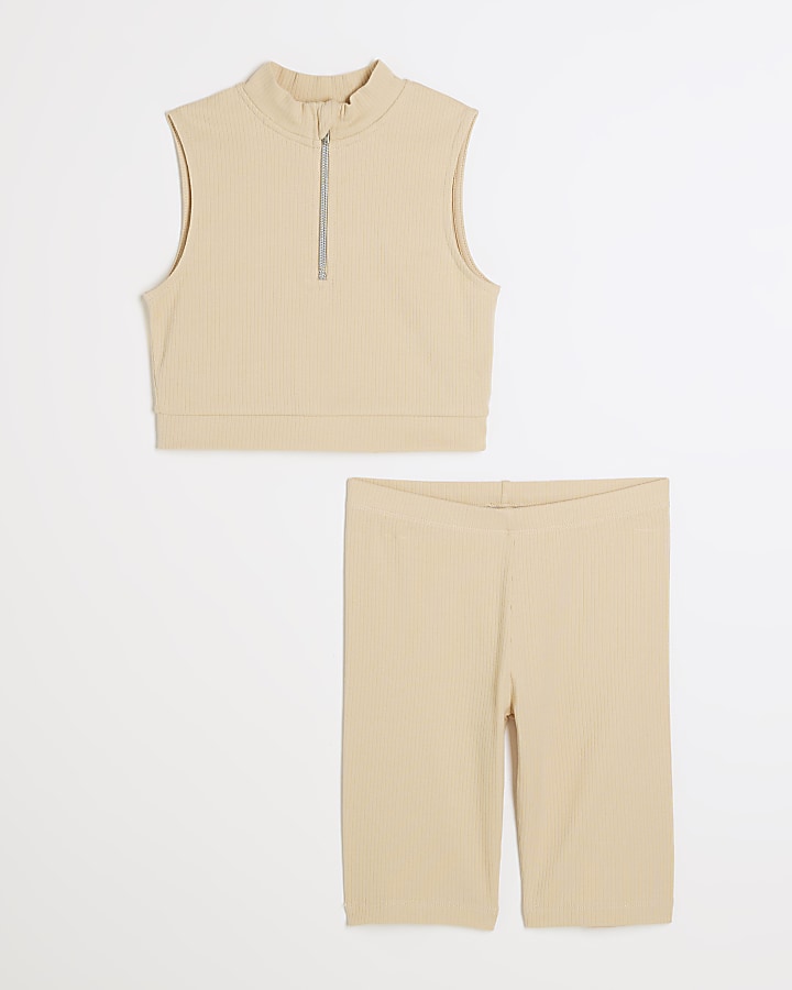 Girls beige ribbed tank top and shorts set