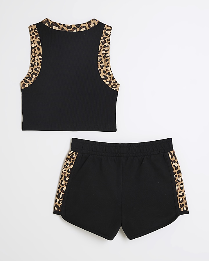 Girls Black Leopard Print Vest and shorts set