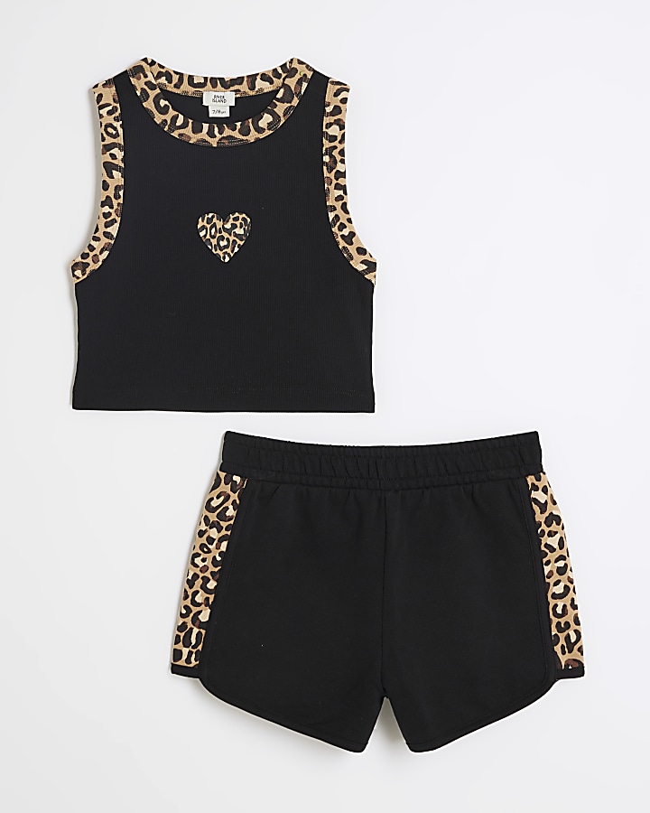 Girls Black Leopard Print Vest and shorts set