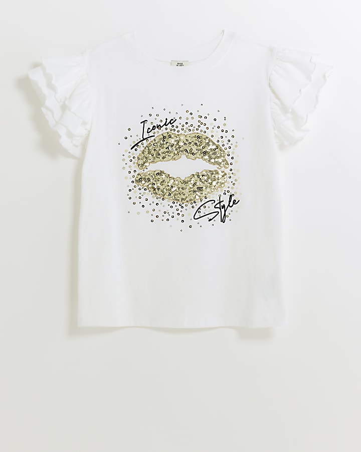 Girls white sequin graphic t-shirt