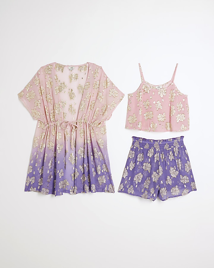 Girls purple jacquard kimono 3 piece set