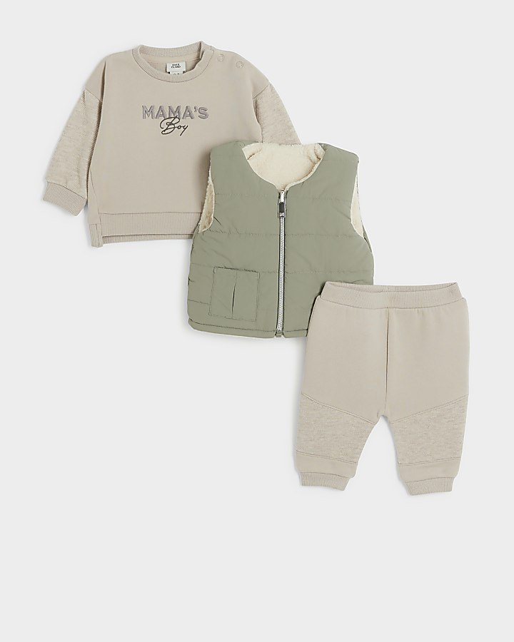 River Island Baby Boys Khaki Padded Gilet 3 Piece Set Size 18 24 Mths