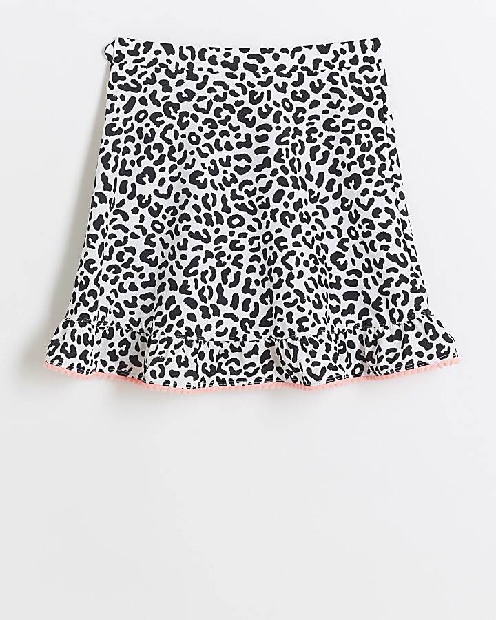 Girls beige leopard print frill swim skirt