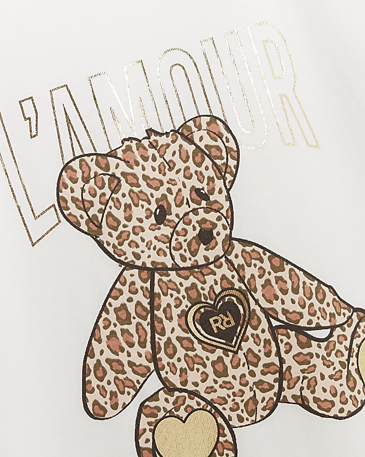 Girls White Leopard Bear Graphic T-Shirt