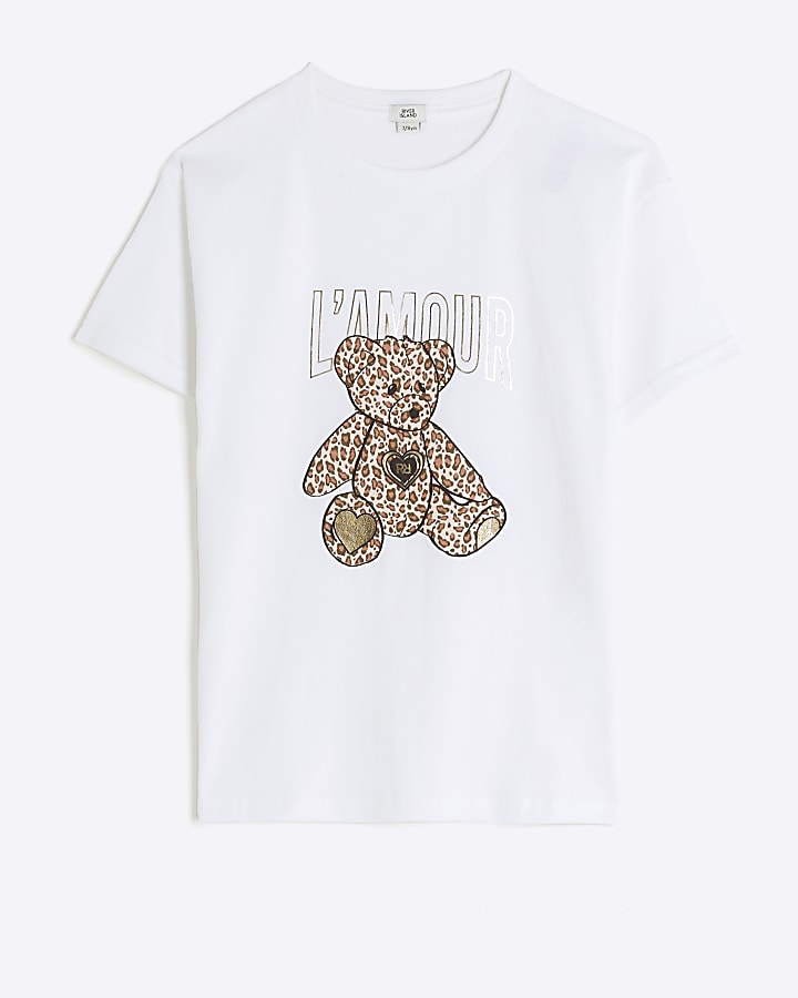 Girls White Leopard Bear Graphic T-Shirt