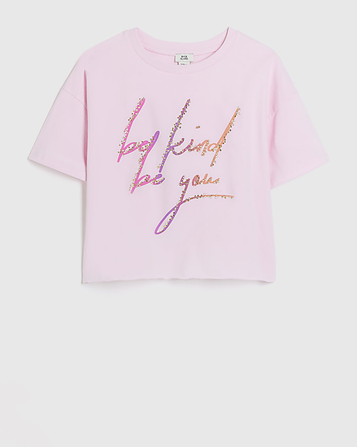 Girls pink embellished graphic t-shirt | River Island