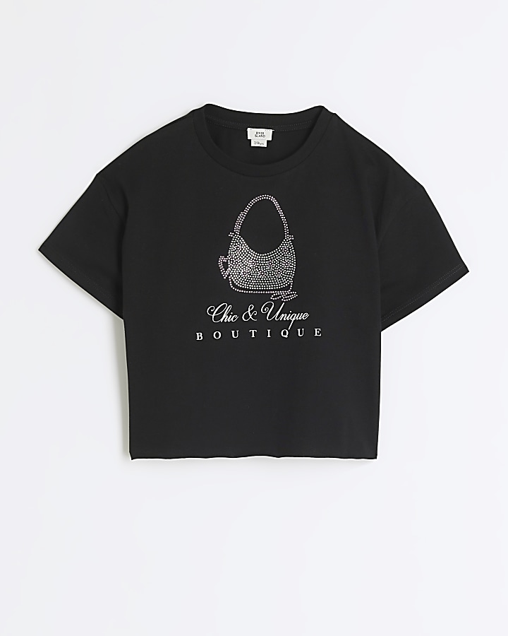 Girls black graphic print crop t-shirt