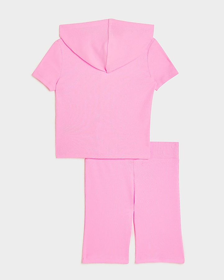 Girls pink ribbed zip up hoodie set
