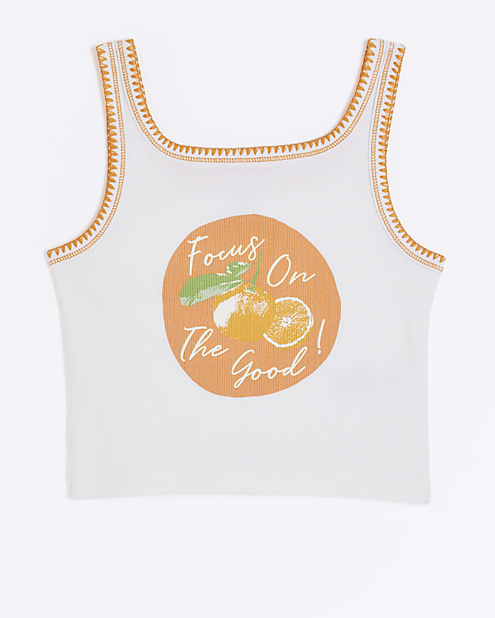 Girls white graphic stitched tank top