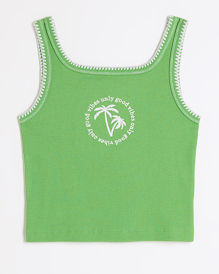 Girls green embroidered stitched tank top