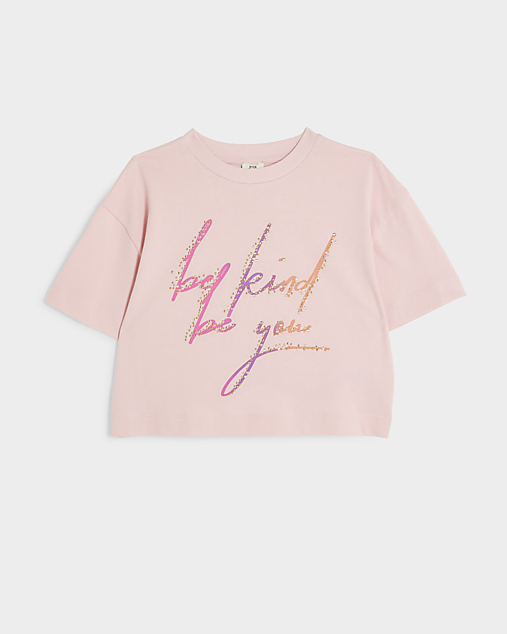 Girls pink diamante graphic t-shirt | River Island