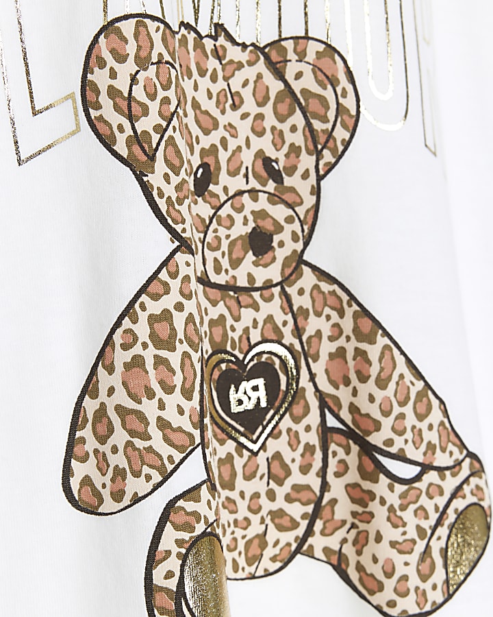 Mini Girls White Leopard Bear Graphic T-shirt