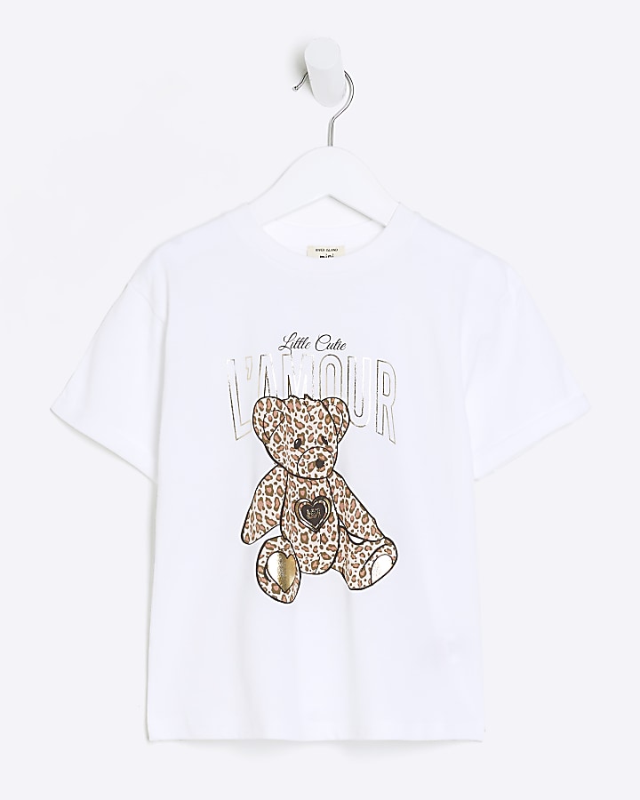 Mini Girls White Leopard Bear Graphic T-shirt