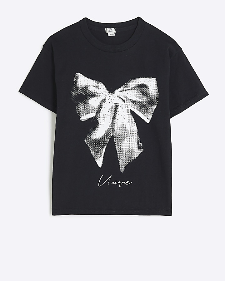 Girls black embellished bow t-shirt