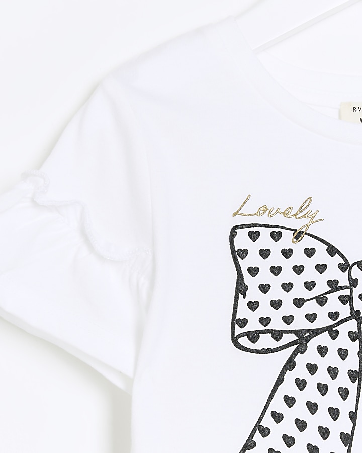 Mini girls white bow heart t-shirt
