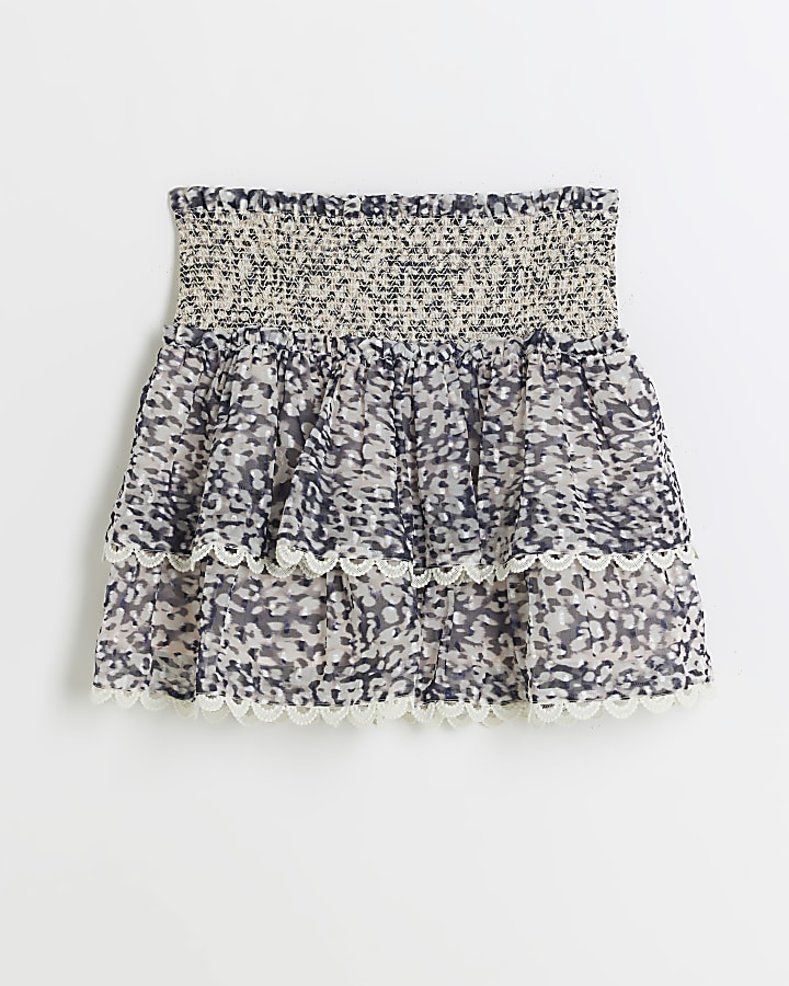 Girls beige leopard print tiered skirt