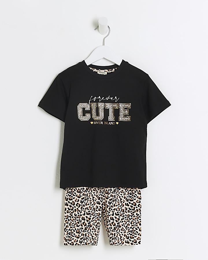 Mini girls black leopard print t-shirt set