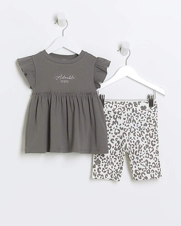 Mini girls grey leopard print peplum top set