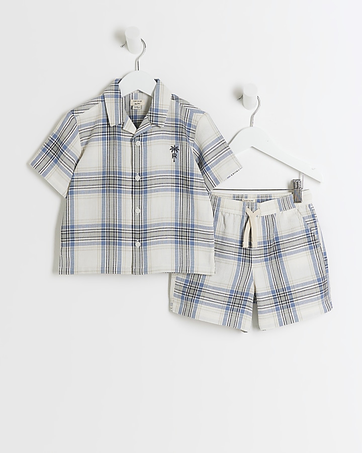 Mini boys blue check revere shirt set