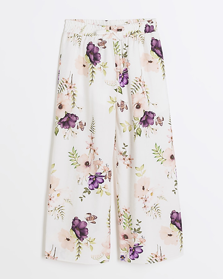Girls white floral wide leg trousers