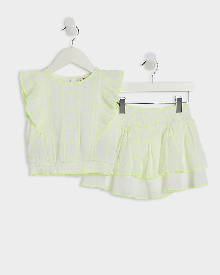 Mini girls white embroidered frill top set