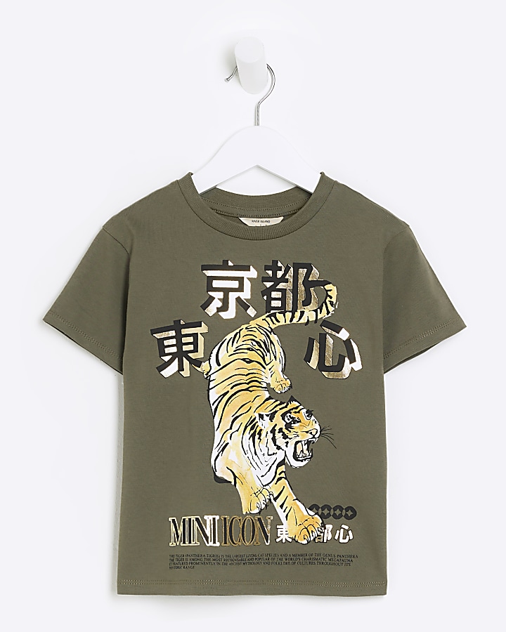 Mini boys khaki tiger graphic t-shirt