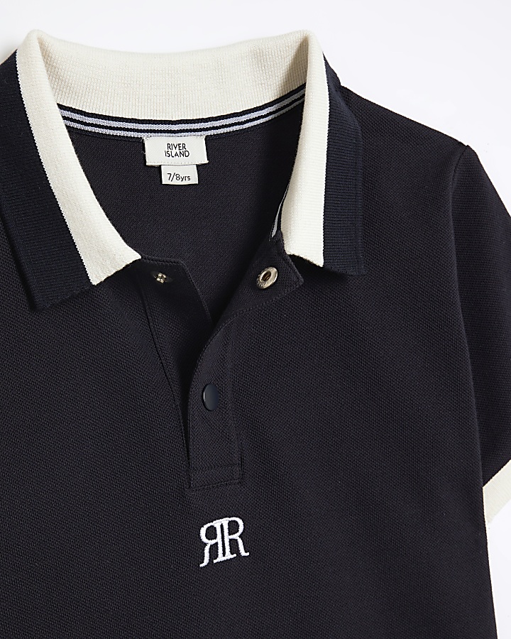 Boys navy textured polo shirt