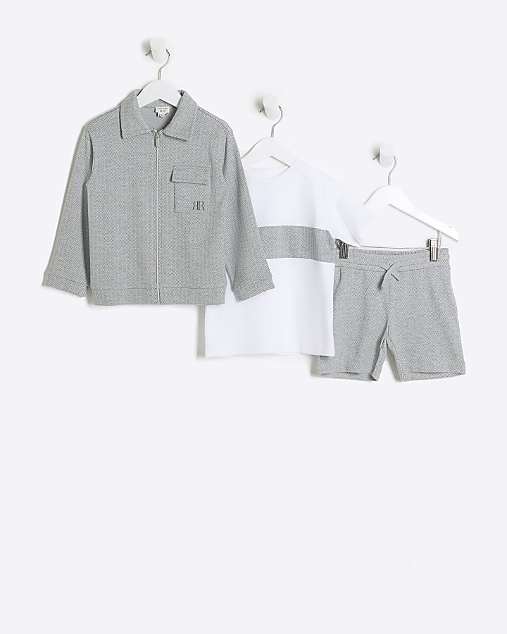 Mini Boys Grey Herringbone Shacket and shorts