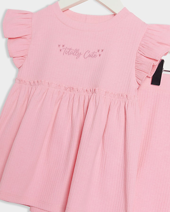 Mini girls pink ribbed peplum t-shirt set