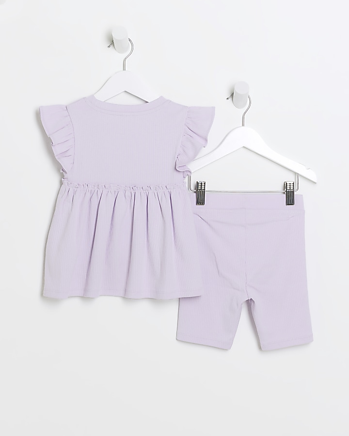 Mini girls purple ribbed peplum shorts set