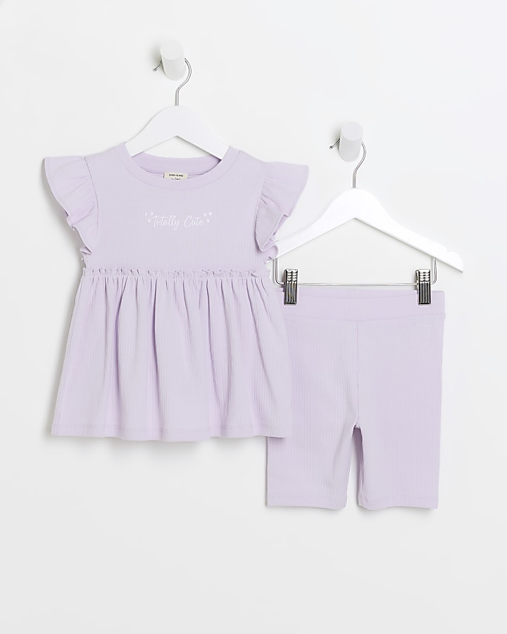 Mini girls purple ribbed peplum shorts set