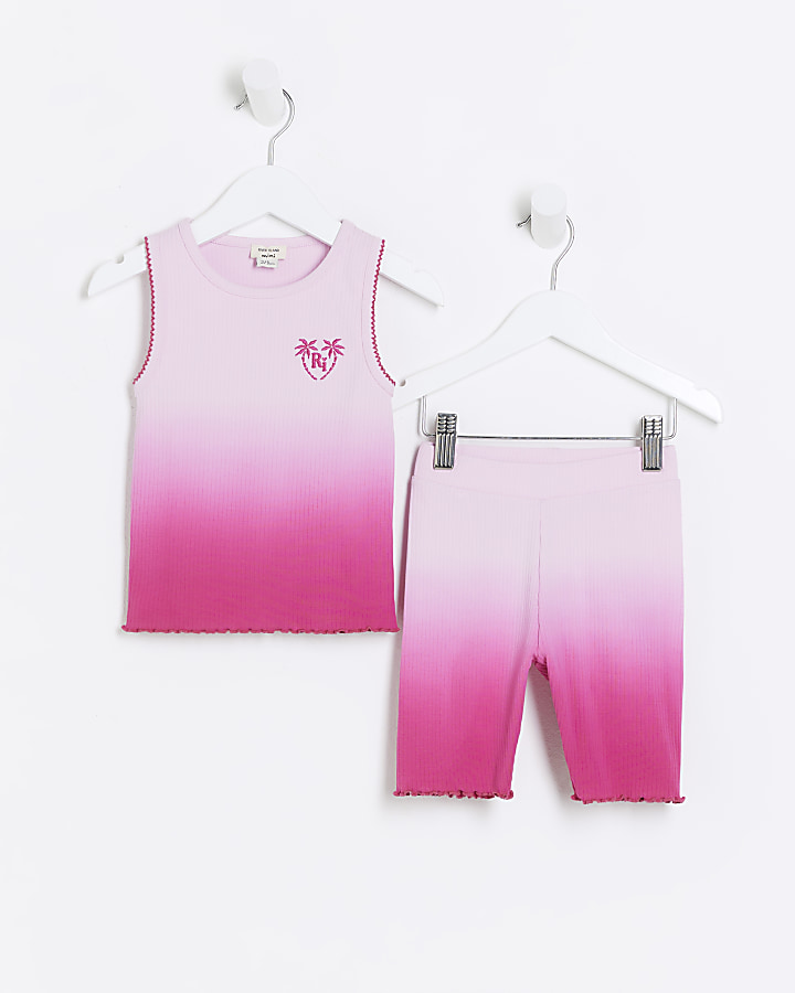 Mini girls pink ribbed ombre tank top set