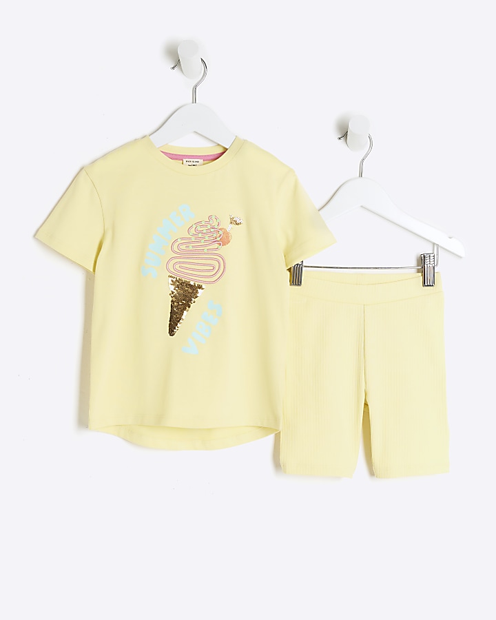 Mini girls yellow embellished t-shirt set