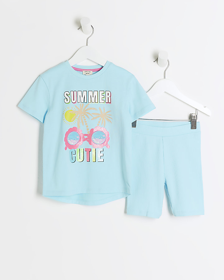 Mini girls blue graphic t-shirt set