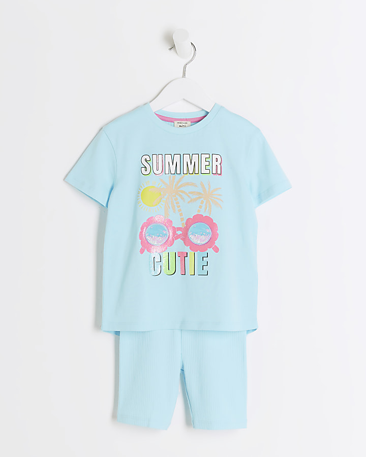 Mini girls blue graphic t-shirt set