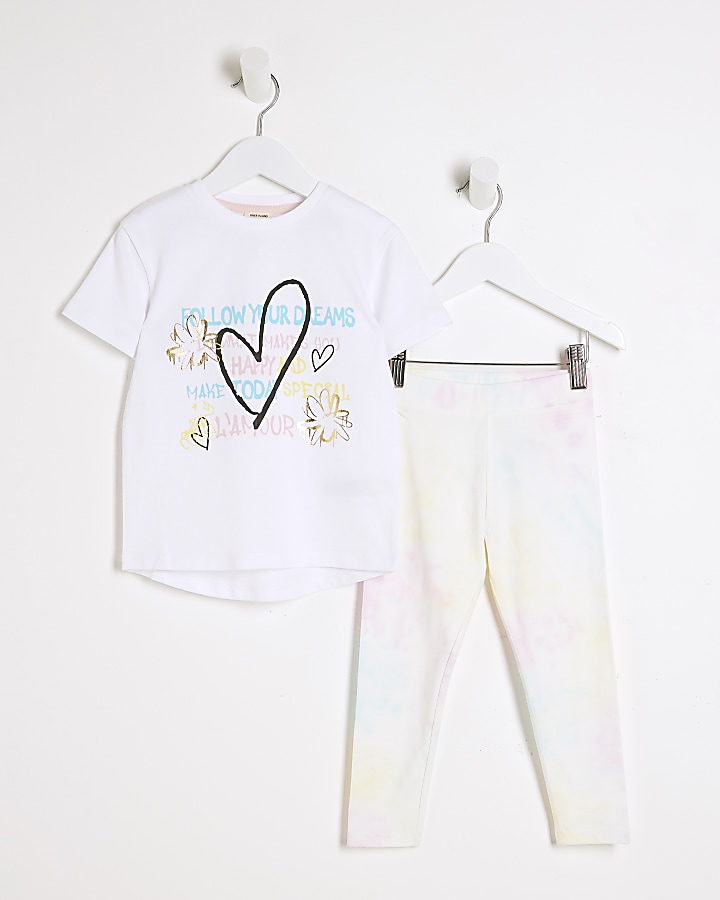 Mini girls white heart t-shirt and leggings